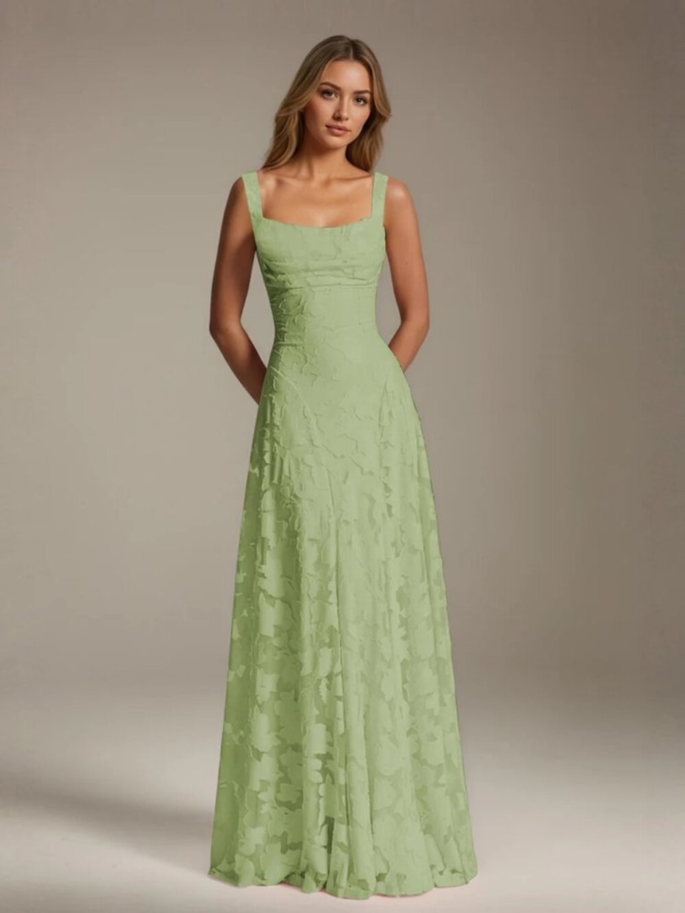 A-Line Square Neck Sleeveless Floral Lace Bridesmaid Dress Pleated Floor Length